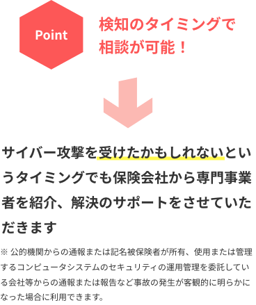 検知のタイミングで相談が可能！サイバー攻撃を受けたかもしれないというタイミングでも保険会社から専門事業者を紹介、解決のサポートをさせていただきます